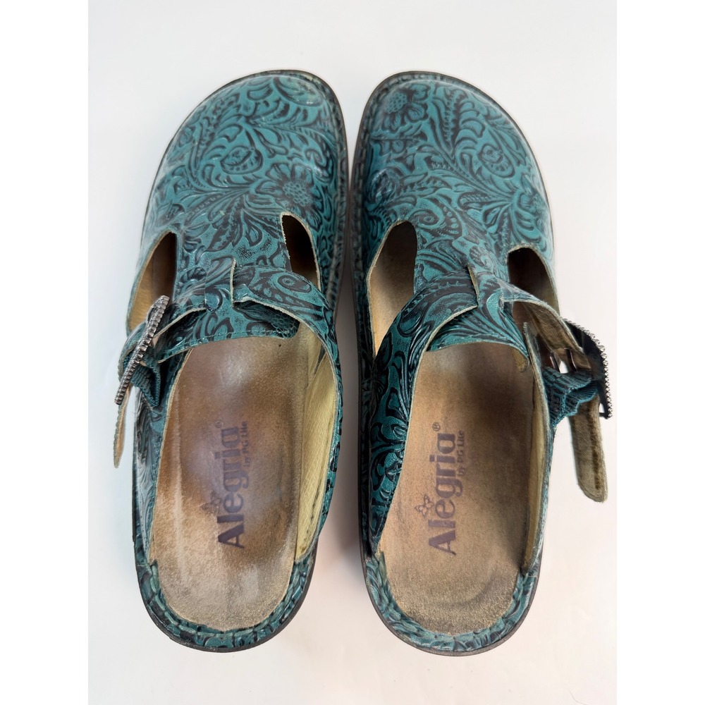Alegria Keli Teal Floral Tooled Leather Professional Clogs Buckle Strap Womens - Picture 3 of 6
